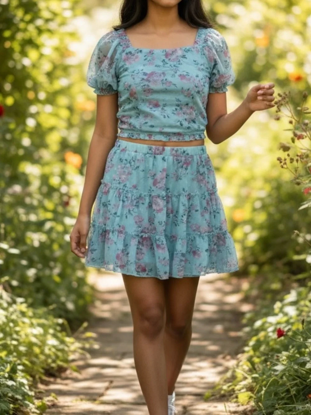 Charming Floral Kids Dress Set in Blue and Pink